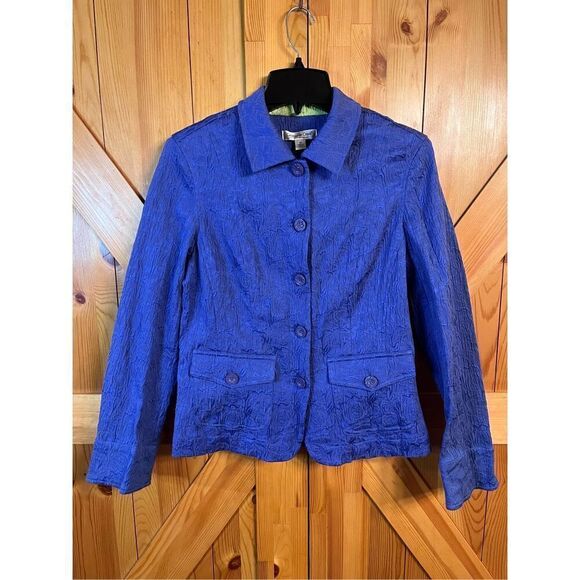 Coldwater Creek Jacket Womens Size 10 Blue Jacquard Jacket Green Contrast Cuff ( - Picture 1 of 6